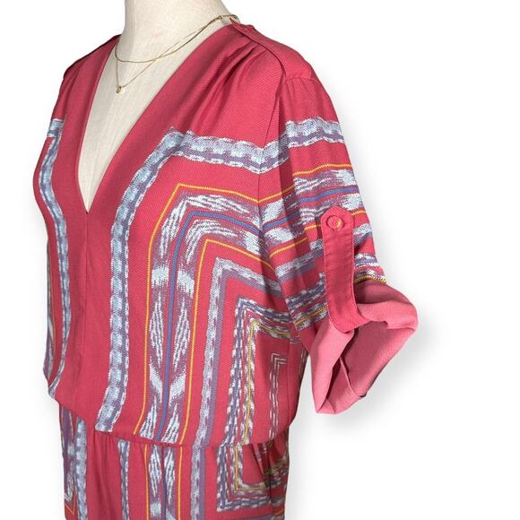 BCBGMAXAZRIA Chiffon Romper Soren Print RollTab Sleeve Pink Coastal Beach Chic - Picture 5 of 13